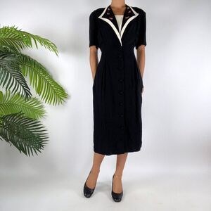 Vintage 90s Romantic Grunge Black Short Sleeve Button Down Midi Dress / 12